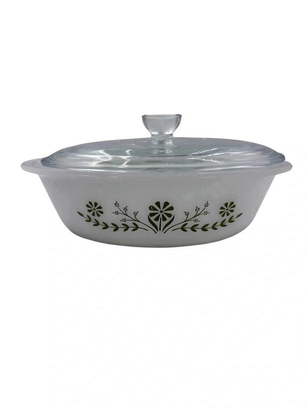 Vintage Glasbake J235 1 Qt Oval Covered Casserole Dish Green Daisy Primrose Lid